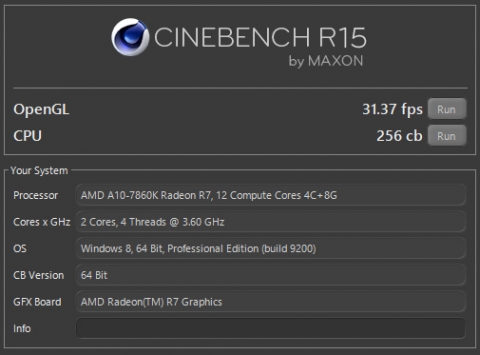 A10-7860K 定格 Cinebench R15 （2016年10月9日）